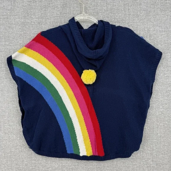 Mini Boden Cape Sweater Girls M Blue Hooded Striped Fringe Rainbow Pony - Picture 4 of 13